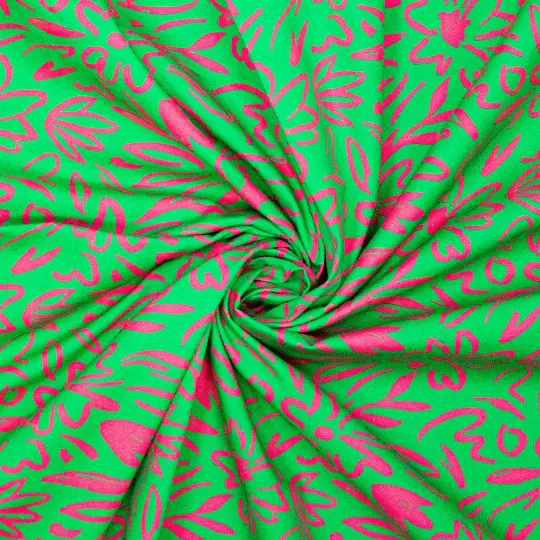 Katoen canvas Moos flowers green/pink