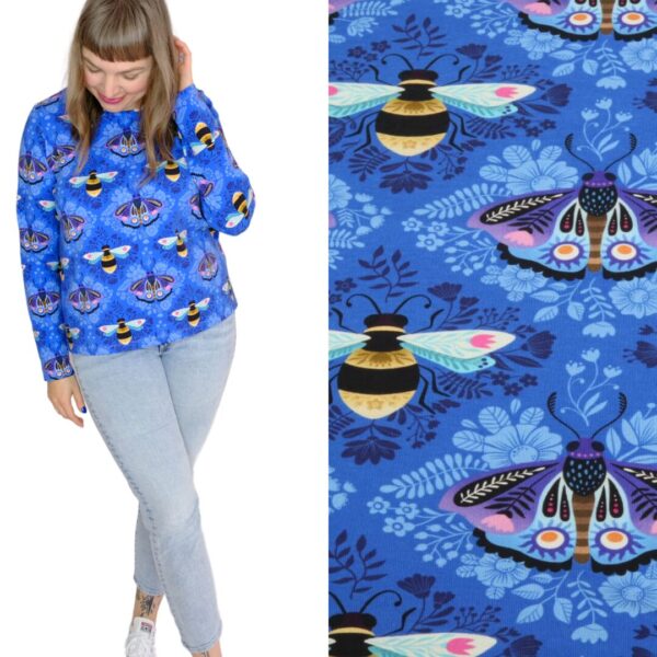Bio katoen-tricot, ALB stoffe, Beetles & bugs, Bees & friends blue