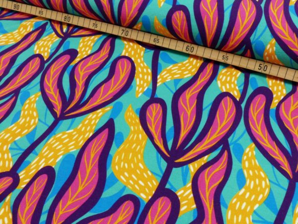 French Terry colorfull leaves aqua - Afbeelding 3