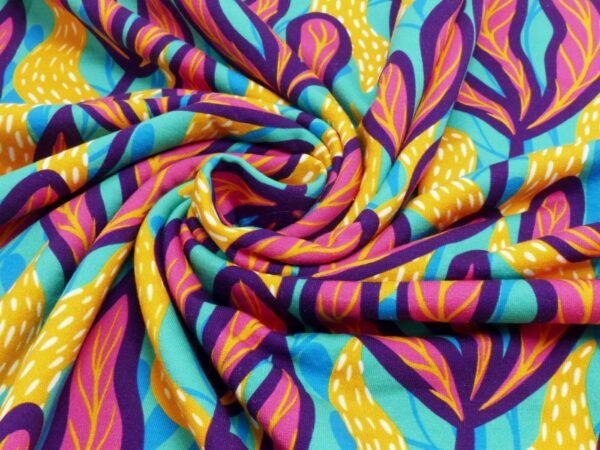 French Terry colorfull leaves aqua - Afbeelding 2