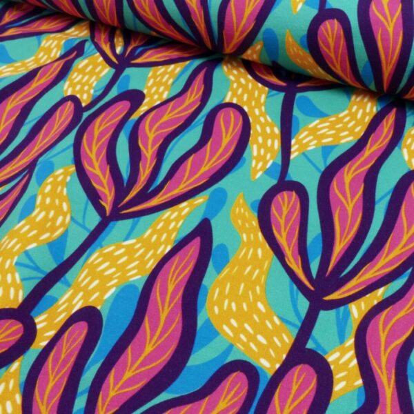 French Terry colorfull leaves aqua